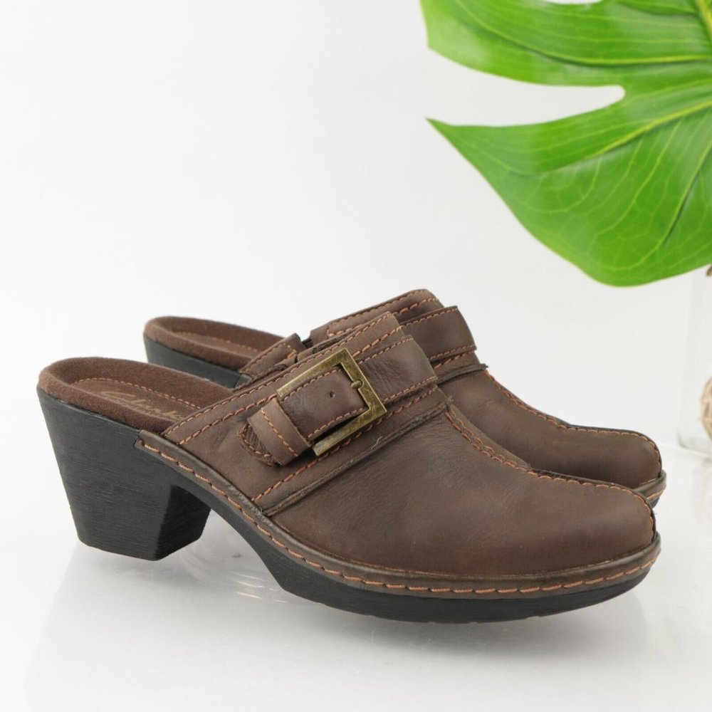 Clarks Women's Freesia Breeze Mule Size 6.5 Block Heel SlipOn Clog Brown Leather